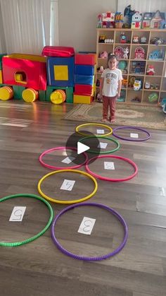 a toddler standing in front of colorful circles on the floor