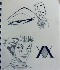 a drawing of two different faces with one holding a playing card and the other pointing at an x