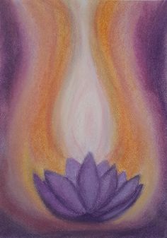 a drawing of a purple flower with yellow and orange flames in the background on a piece of paper