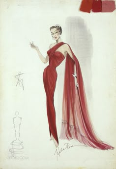 a drawing of a woman in a red dress