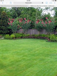 a lush green yard with lots of flowers in the background and bushes on either side