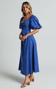 Amalie The Label - Janae Linen Blend Puff Sleeve Cut Out Midi Dress in Blue | Showpo USA Cut Out Midi Dress, Basic Black Dress, Neon Outfits, Spring Maxi Dress, Bachelorette Dress, Long Sleeve Knit Dress, Sparkle Dress, Strapless Tops, Smock Dress