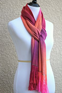 Hand woven scarf, pashmina in neon pink, orange, fuchsia and purple colors. Perfect #gift for her! This woven scarf is very soft and drapes nicely! Measures:L: 78" with 6" f... #kgthreads #accessories #cozy #fall #fashion #gradient #unisex #women #wrap Folding Scarves, Tying Scarves, Hand Woven Scarf, Coral Scarf, Ways To Tie Scarves, Scarf Knots, Woven Scarf, Orange Scarf, Head Scarf Styles