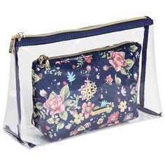 Two (2) piece Clutch set includes, one (1) Clear PVC Large Clutch (1) Smaller Clutch in quilted navy blue floral Large Clutch is made of clear PVC PVC Clutch is easy to wipe clean Smaller clutch is made of quilted polyester with a pink floral pattern on top of a navy blue background Smaller clutch is lined in navy blue polyester material Gold-toned nylon hardware includes coil zippers and metal pullers Size 10 x 3.5 x 6.25 inches Large Clutch, Pink Floral Pattern, Small Clutch, Navy Blue Background, Tools Accessories, Blue Background, Blue Floral, Polyester Material, Pink Floral