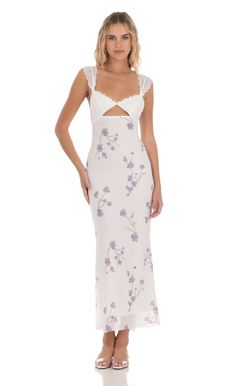 Lace Cutout Floral Maxi Dress in White | LUCY IN THE SKY Spring Mesh Dress With Lace Trim, Lucy In The Sky, Lace Cutout, Floral Maxi, Floral Maxi Dress, Mesh Fabric, Hand Washing, The Sky, Adjustable Straps