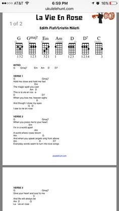 the guitar chords page for la vie en rose