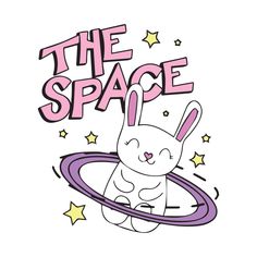 the space bunny is sitting on top of an object with stars around it and the words,