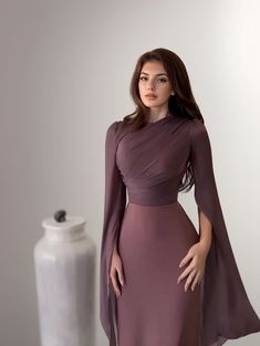 Lasaky - Paneled Glass Yarn A-Line Dress with Dramatic Bell Sleeves in Long Satin Fabric Hijab Look, Purple Wine, Elegant Maxi Dress, Bodycon Maxi Dresses, Sleeves Clothing, Dresses Elegant, Satin Maxi, Satin Maxi Dress, Bodycon Dresses