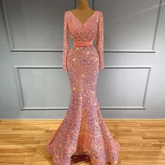 Pink Sequined Mermaid Muslim Evening Dress: Long Sleeve Luxury Elegant Formal Gown for Women's Wedding Pink Mermaid Dress For Prom Evening, Pink Mermaid Hem Evening Dress, Pink Floor-length Mermaid Dress With Sweep Train, Pink Long Sleeve Evening Dress With Sweep Train, Pink Formal Mermaid Dress For Prom, Pink Mermaid Dress For Formal Prom, Pink Sequin Formal Dress, Pink Formal Dress With Mermaid Hem, Pink Sparkling Evening Dress For Prom