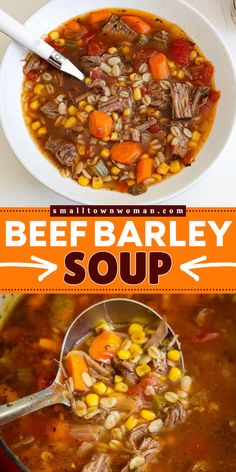 Quick and easy comfort food for dinner! This Beef Barley Soup recipe features a tender, slow-cooked chuck roast, lots of nutritious vegetables, and slightly sweet, nutty barley. Pin this fall soup recipe that will quickly become one of your family’s favorites! Beef And Veggie Soup, Vegetable Beef Barley Soup, Ww Soup, Beef And Barley Soup, Beef And Barley, Small Town Woman, Dressing Salad, Medicine Tips, Beef Barley