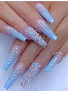 Nails With Flowers, Blue Acrylic Nails, Cute Acrylic Nail Designs, Long Acrylic Nails Coffin, Blue Nail, Coffin Nails Long, Amazing Photo, Style Travel