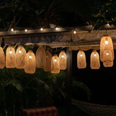 some lights are hanging from the ceiling in front of plants and trees at night time