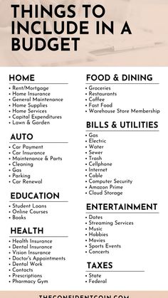 an info sheet with the words things to include in a budget checklist on it