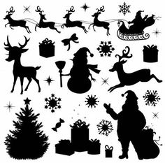 black and white christmas silhouettes with santa claus, reindeer, sleigh, gifts