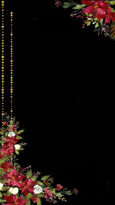 a black background with red and white flowers on the bottom right corner, along with gold beads