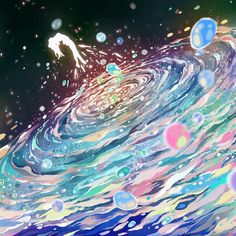 an abstract painting of water and bubbles in blue, green, pink, yellow and white colors