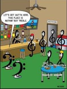 cartoon characters playing music in front of a bar with musical notes on the table and two people