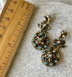 Circa 1800s Beautfiul Austro Hungarian Persian Turquoise Pearl Gilt Silver Flower Antique Earrings See Earrings next ruler for scale earrings where converted to pierced from screw backs Victorian Jeweled Earrings Gift, Vintage Turquoise Dangle Flower Earrings, Victorian Turquoise Filigree Jewelry, Antique Blue Earrings, Victorian Blue Earrings For Weddings, Blue Victorian Earrings For Wedding, Persian Turquoise, Austro Hungarian, Usa Jewelry