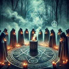 a group of people standing in front of a circle with candles and symbols on it