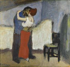 a painting of a woman in a red skirt hugging another woman's head with her arms behind her back