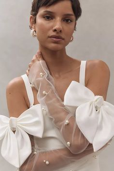 Anthropologie Weddings | Bridal Gowns & More | Anthropologie Tulle Gloves, Anthropologie Wedding, Sheer Socks, Style Guru, Tulle Sleeves, Big Bow, Pearl Jewellery Earrings, White Bow, Big Bows