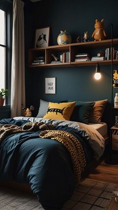 a bed room with a neatly made bed next to a window and shelves on the wall