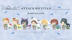 anime characters are lined up in the shape of cats and dogs, with caption that reads attack on titan sanriohanets