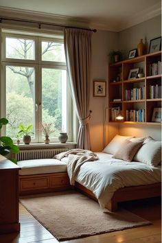 a bed sitting under a window next to a wooden shelf filled with books on top of a hard wood floor