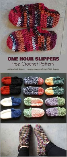 one hour slippers free crochet pattern with instructions to make them in different colors