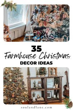 the cover of 25 farmhouse christmas decor ideas with pictures of trees and other holiday decorations