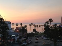 cars are parked on the street in front of some palm trees and buildings at sunset