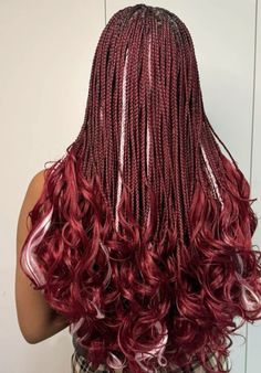 Black And Maroon Braids, Red Braids With Curls, Maroon French Curls Braids, Dark Red French Curl Braids, Burgundy French Curl Braids, Box Braids Maroon, Burgundy And Pink Braids, Magenta Braids