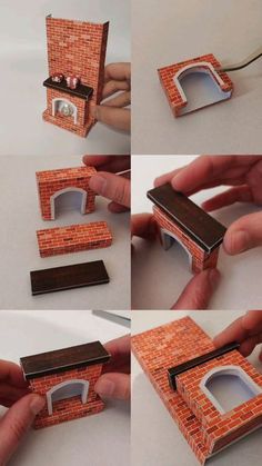 four different views of a miniature house made out of bricks and wood, with the door open