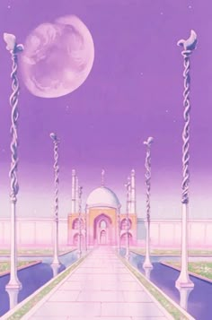 an artistic painting of a walkway in front of a building with columns and arches leading to the moon