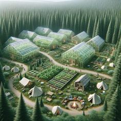 an artist's rendering of a forest with greenhouses and tents in the foreground