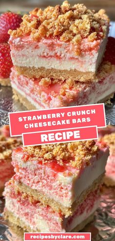 These Strawberry Crunch Cheesecake Bars combine creamy cheesecake with a crunchy strawberry-flavored topping. A deliciously fruity and crunchy treat that’s perfect for any occasion!Ingredients:1 ½ cups graham cracker crumbs2 (8 oz) packages cream cheese, softened1 cup strawberry-flavored cerealEach bite is a perfect blend of creamy and crunchy goodness! Cranberry Crunch Bars, Crunchers Bars, Cheesecake Churro Bars, Churros Cheesecake Bites, Mini Strawberry Crunch Cheesecake, Protein Strawberry Cheesecake Bars, Strawberry Cheesecake Brownies Recipe, Strawberry Crunch Donut, Berrylicious Strawberry Crunch Cheesecake