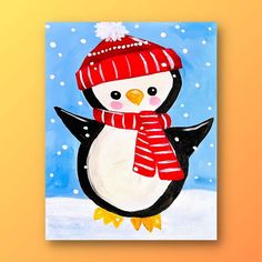 a painting of a penguin wearing a red hat and scarf