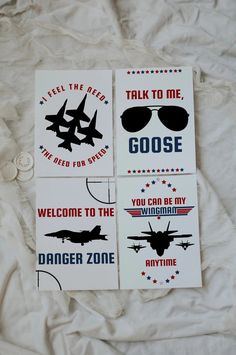 three stickers with the words talk to me, gose, and you can be my danger zone