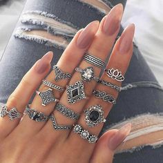 Grunge Jewelry, Ring Sets Boho, Knuckle Ring, Retro Ring, Silver Ring Set, Knuckle Rings, Bohemian Rings, Gem Ring, Finger Rings