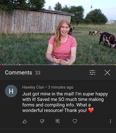 a woman standing in the grass with cows behind her and an instagram message below