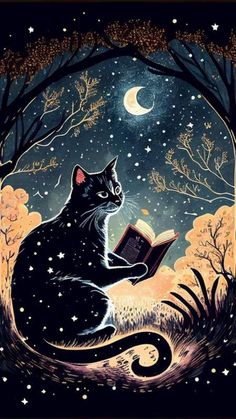 a black cat is sitting in the middle of a forest reading a book at night