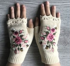 The Mitten, Knit Gloves, Fingerless Gloves Knitted, Knitted Gloves, Knitting Women, Womens Gloves, Mitten Gloves, Embroidery Flowers, Embroidered Flowers