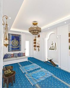 a living room with blue carpeting and arabic decorations on the walls, along with a chandelier