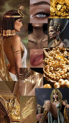 the collage shows many different images of women in gold and silver clothing, with pearls on