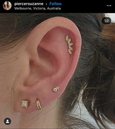 a woman wearing three different ear piercings on her left and right side of the ear