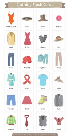 clothes flash cards with different types of clothing and names for each individual item in the card