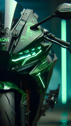 a futuristic motorcycle with green lights on it's front end and side view mirror