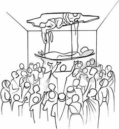 a black and white line drawing of people in front of a podium with a man on it