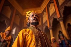 a man in yellow turban standing next to other men wearing orange and blue