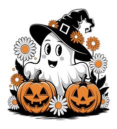 a cartoon ghost with two pumpkins and daisies